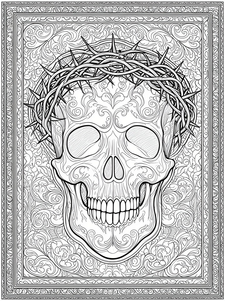 Ornate black-and-white skull with crown of thorns amid intricate swirling patterns