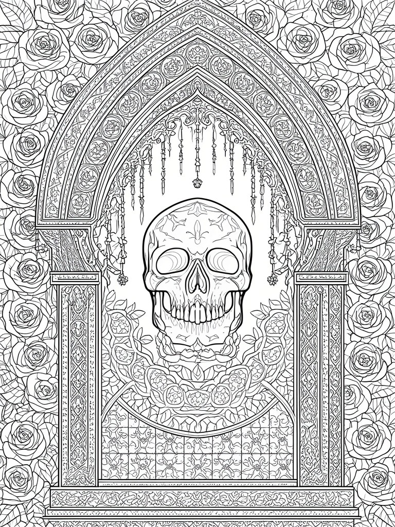 A black and white coloring page showing a skull inside a gothic arch with roses and hanging decorative elements.