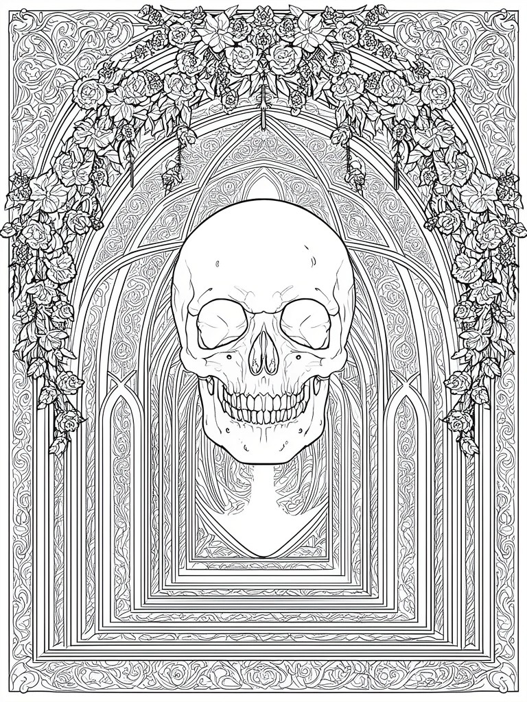 Intricate black and white line art of a skull in a floral gothic archway