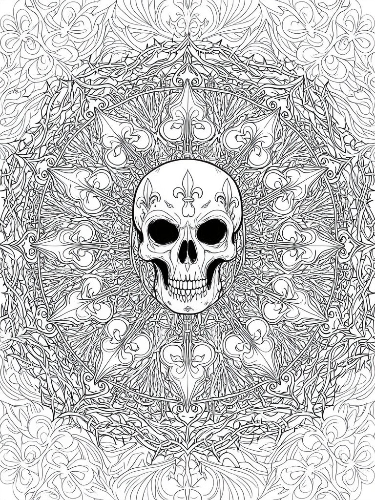 Symmetrical black and white mandala with central skull and ornate floral patterns