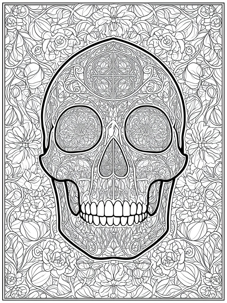 Intricate skull with floral patterns amid dense flowers and vines in line art.