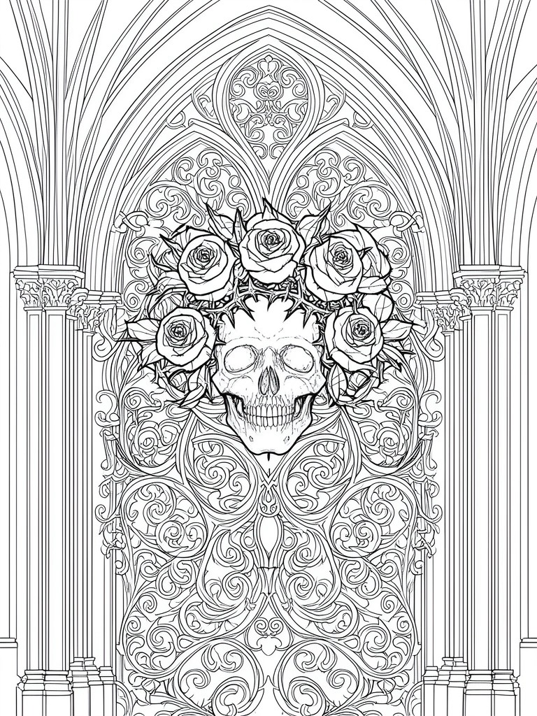 Gothic line art of skull wreathed in roses amid arches, columns, and swirls