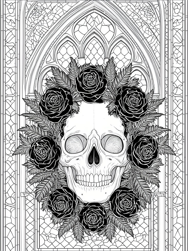 A black and white line drawing of a human skull surrounded by roses and leaves, set against a gothic arched stained glass window.