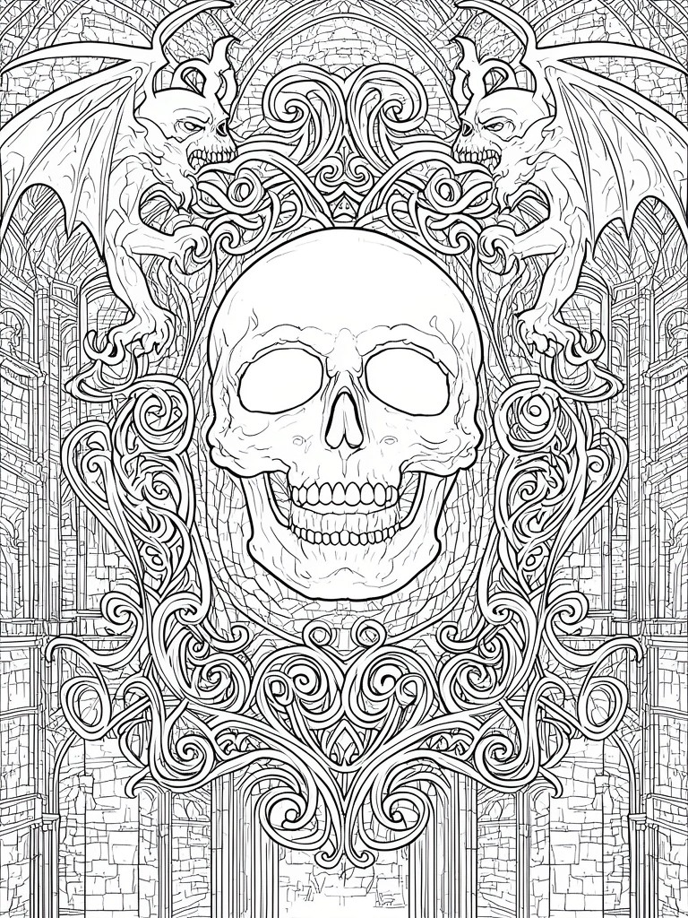 Central skull flanked by winged gargoyles amid ornate swirls in gothic stone arches