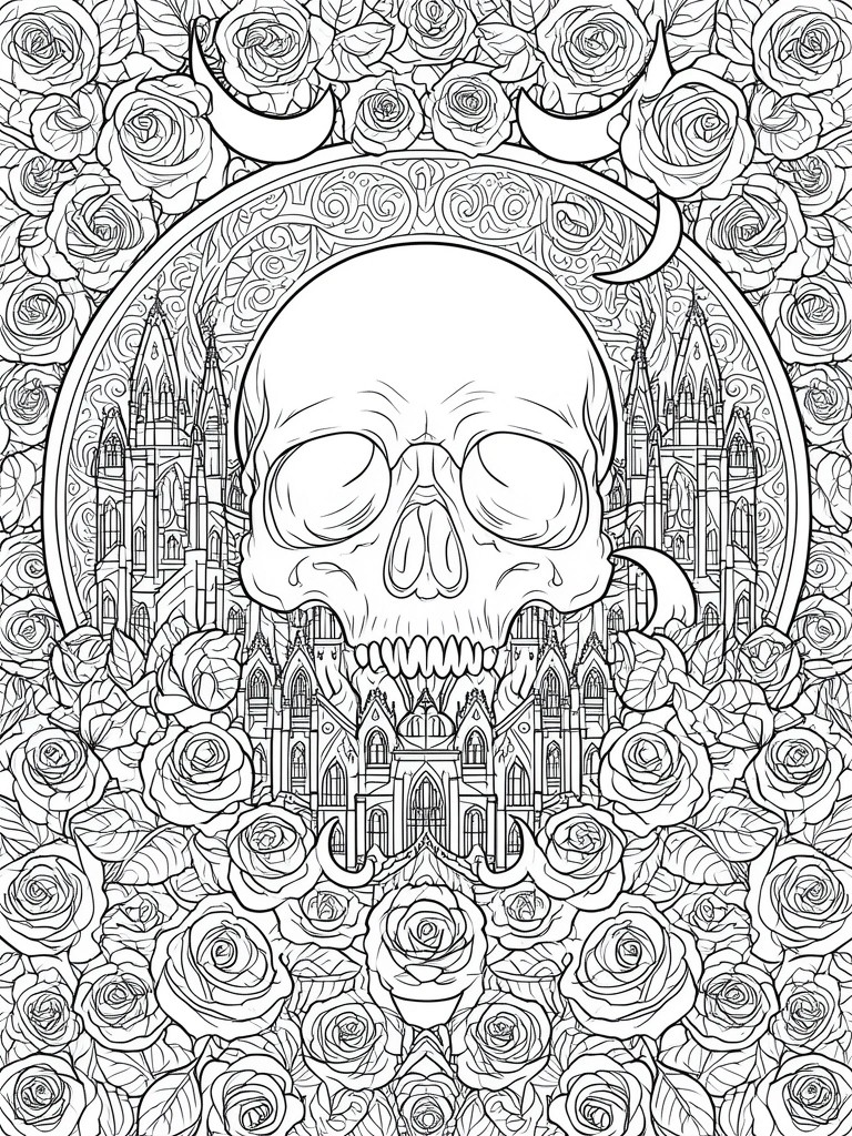 Ornate line art of horned skull centered amid roses and gothic cathedrals in circular frame.