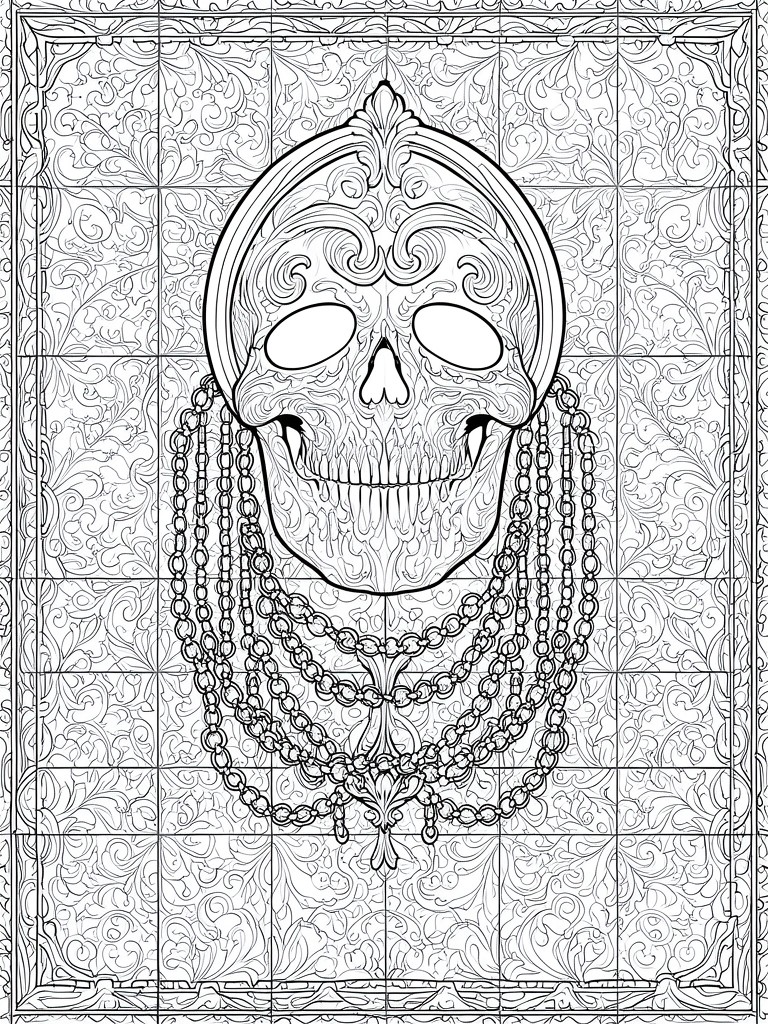 Ornate skull with floral patterns and dangling chains on tiled background