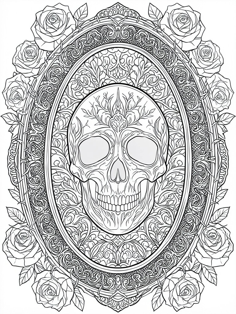 A black and white line drawing of a human skull with a floral crown inside an ornate oval frame surrounded by roses.