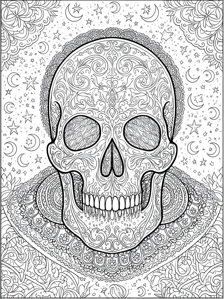 Ornate decorated skull with mandalas, stars, and crescent moons in line art