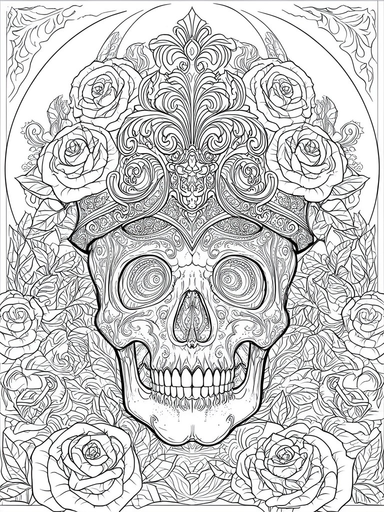 Intricate black-and-white skull with spiral eyes, surrounded by roses and ornate swirls.