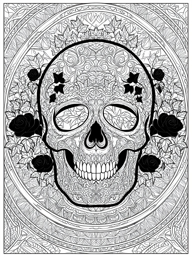 Intricate black and white skull mandala with roses and leafy vines in circular frame