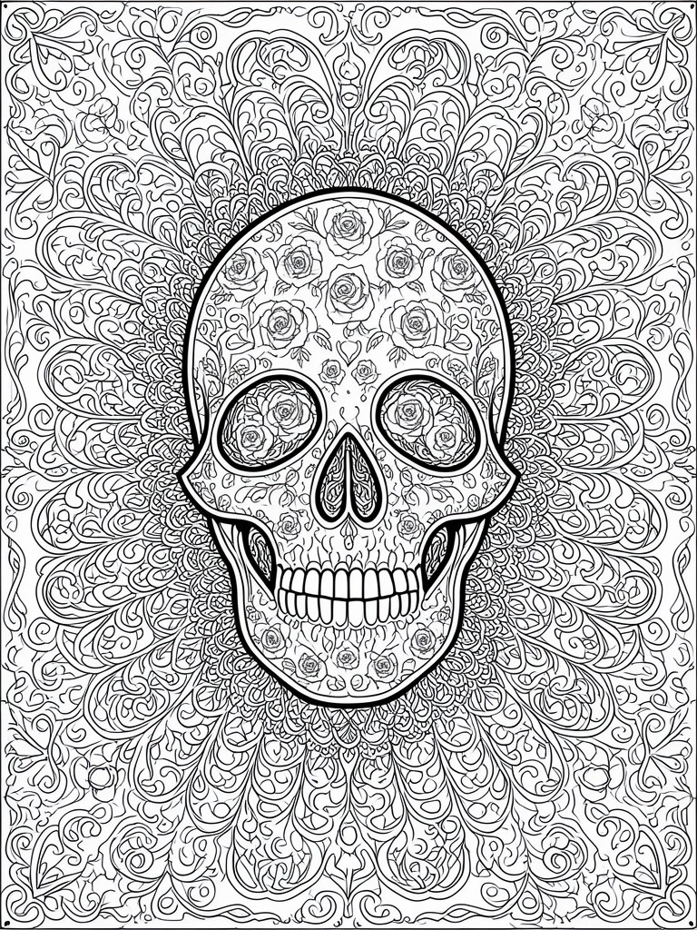 Intricate black-and-white mandala with central rose-adorned skull and swirling patterns.