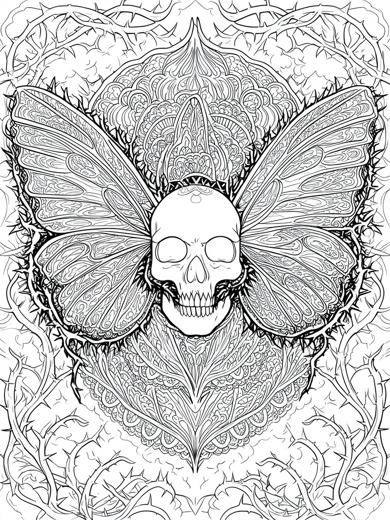 A black and white coloring page of a skull with large butterfly wings, mandala patterns above and below, and thorny vines around the border.