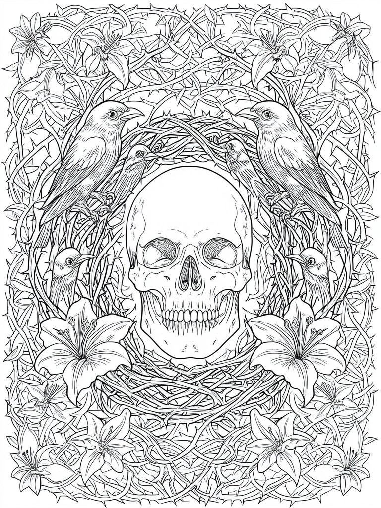 Intricate line art of a central skull ringed by birds, lilies, and thorny vines.