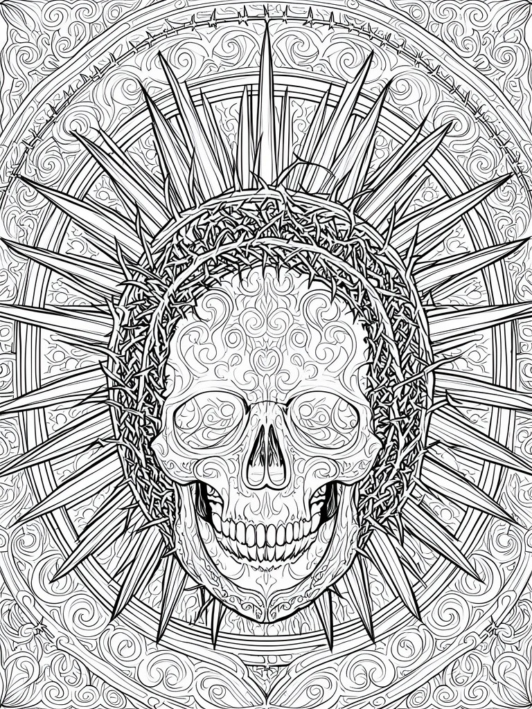 A black and white line drawing shows a skull with a crown of thorns and spikes radiating outward against an ornate circular background.