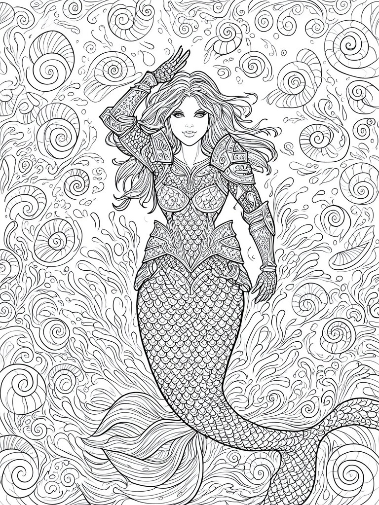 Armored mermaid with flowing hair raises hand amid seashells and swirling waves in line art