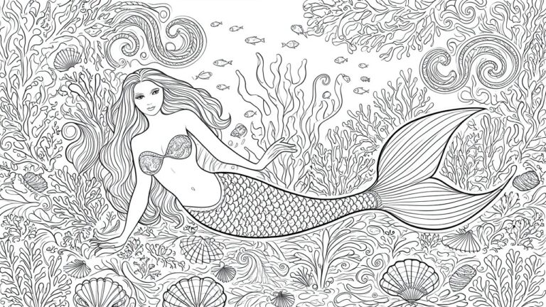 18 Enchanting Mermaid Fantasy Coloring Pages Filled With Underwater Magic A black and white line drawing of a mermaid with long flowing hair sitting on the seabed amid coral, fish, and shells.