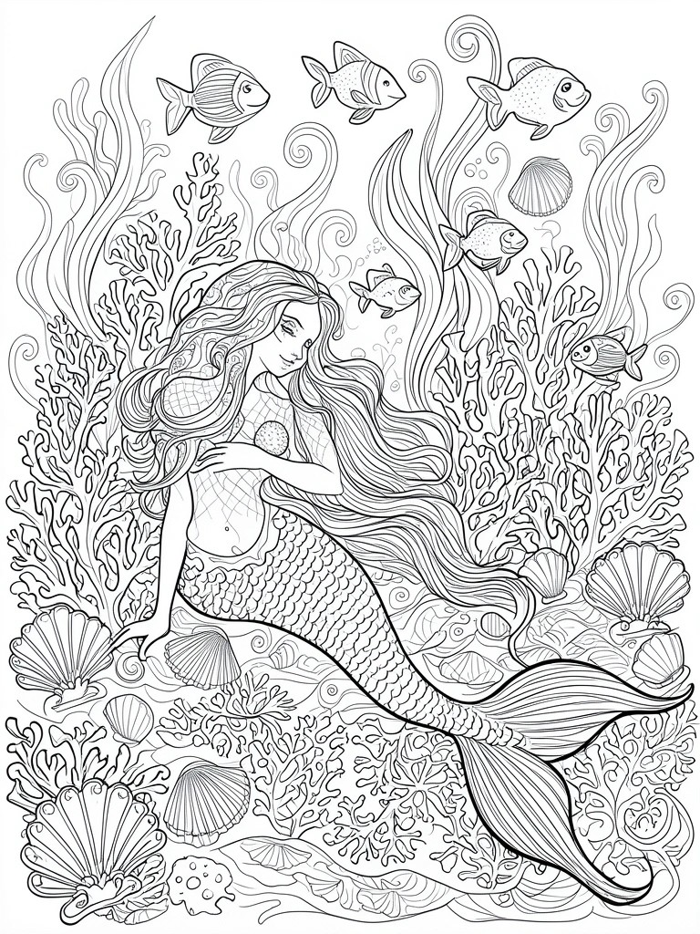 A black and white line drawing of a mermaid with long flowing hair sitting on the seabed amid coral, fish, and shells.