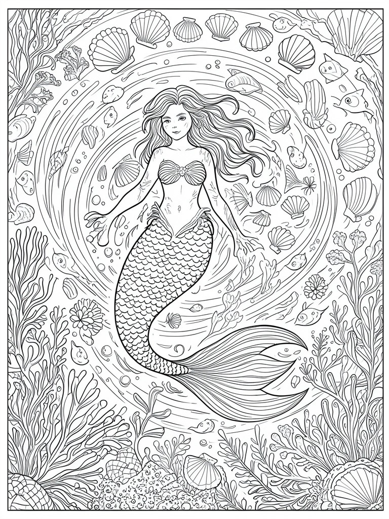Mermaid with long flowing hair and tail amid fish, shells, and coral in line art