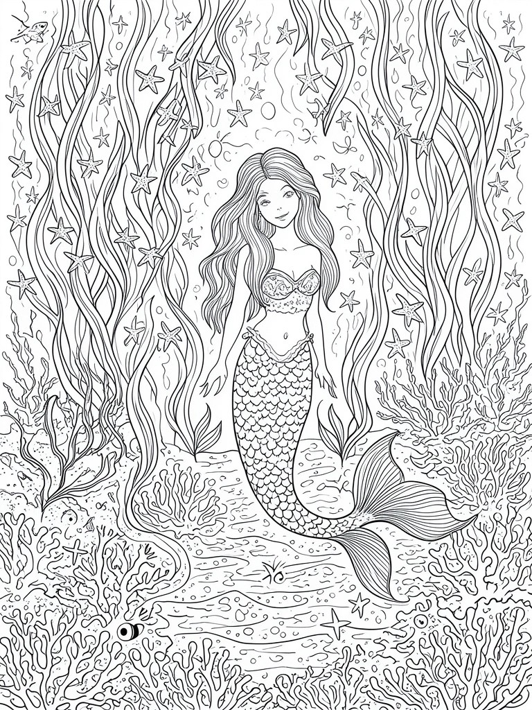 A black and white line drawing of a mermaid with long hair and a scaled tail floating upright in water surrounded by seaweed, starfish, coral, bubbles, and small fish.