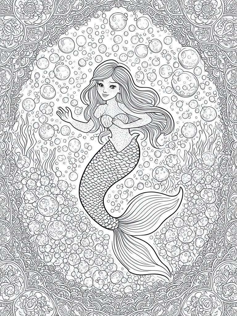 Black and white line art of a mermaid with long hair and scaled tail surrounded by bubbles, seaweed, and an ornate border.