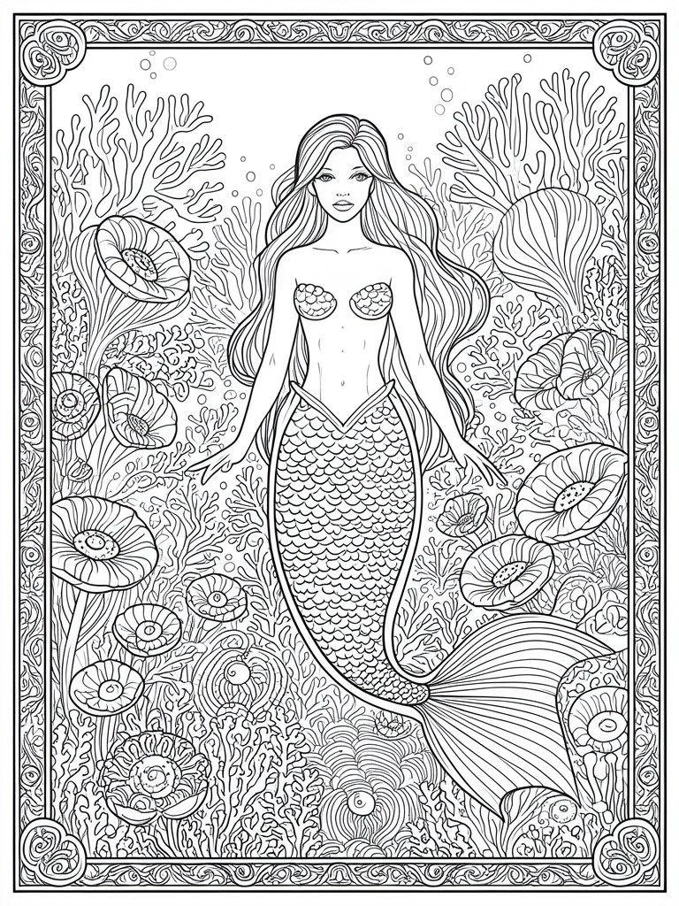 A black and white line drawing of a mermaid with long hair and a scaled tail surrounded by coral, shells, and sea plants inside an ornate border.