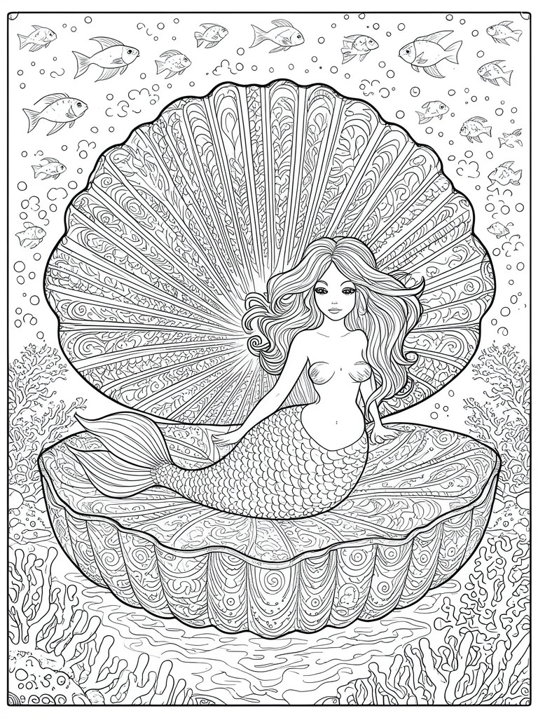Mermaid with flowing hair in ornate open seashell, surrounded by fish and coral line art.