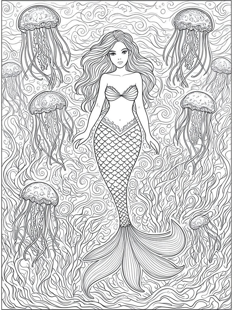 A line drawing of a mermaid with long hair and a scaled tail surrounded by several jellyfish with swirling water patterns in the background.