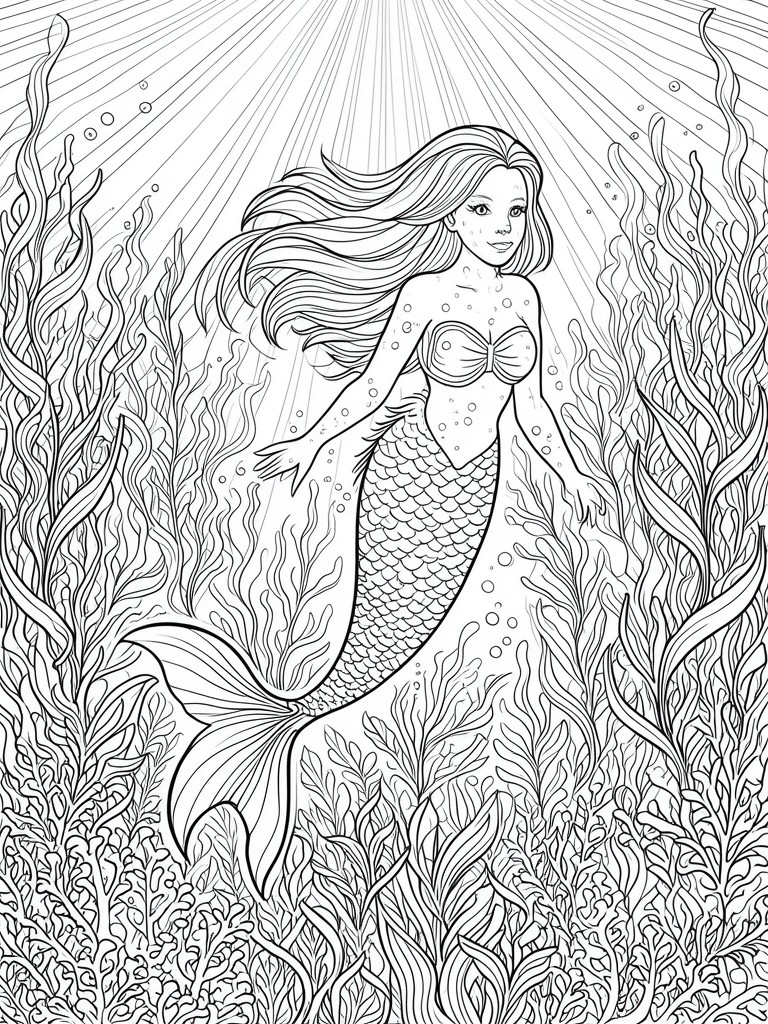 Mermaid with flowing hair swims amid seaweed in sunlit black-and-white line art scene