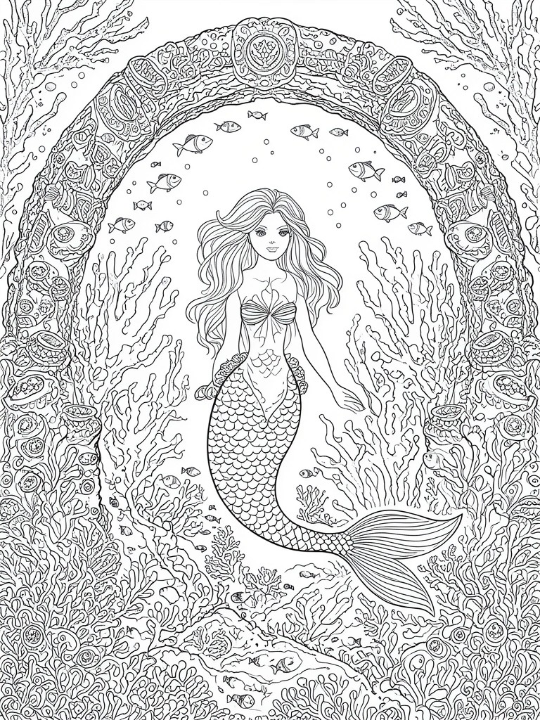 A black and white line drawing of a long-haired mermaid under an ornate arch with coral and fish in an underwater scene.