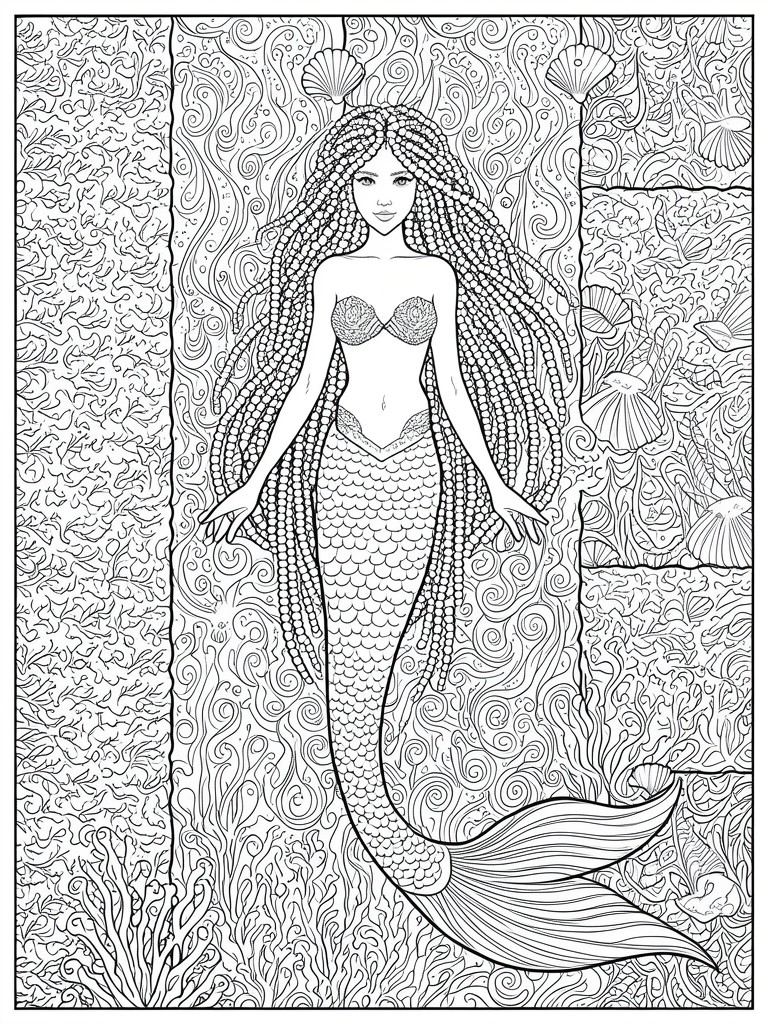 Detailed line art of a mermaid with long braided hair amid coral and seashells.