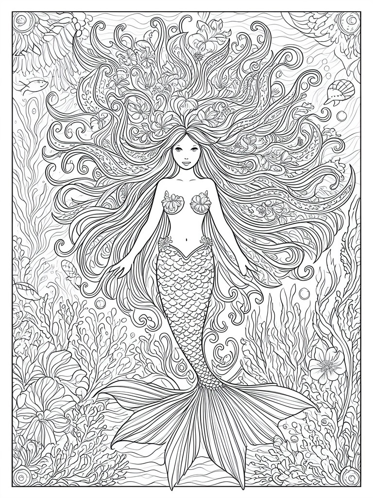 A black and white line drawing of a mermaid with long flowing hair filled with flowers and sea creatures, set against a coral reef background.