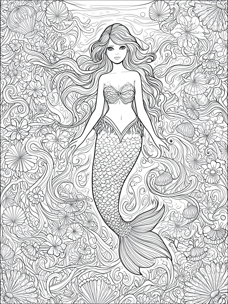 Intricate black-and-white line art of a mermaid amid swirling ocean flowers and shells