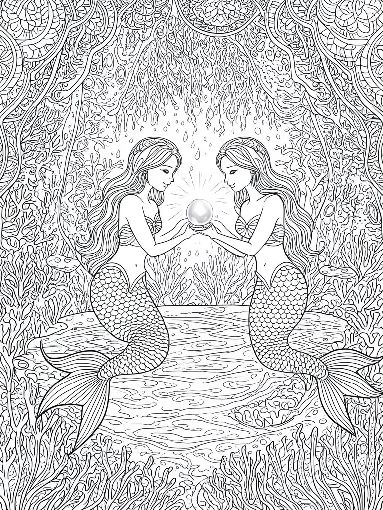 Two mermaids holding a glowing orb amid intricate coral and seaweed line art.