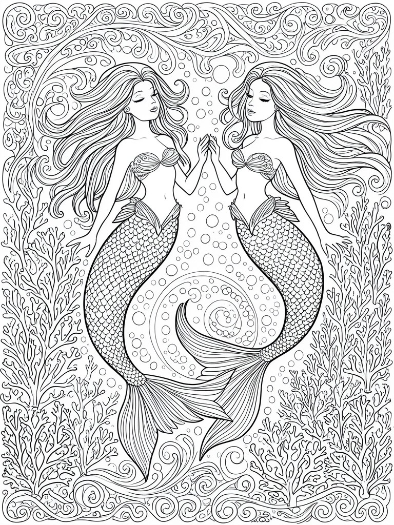 Two mermaids with flowing hair touch hands amid coral, bubbles, and swirls in line art.
