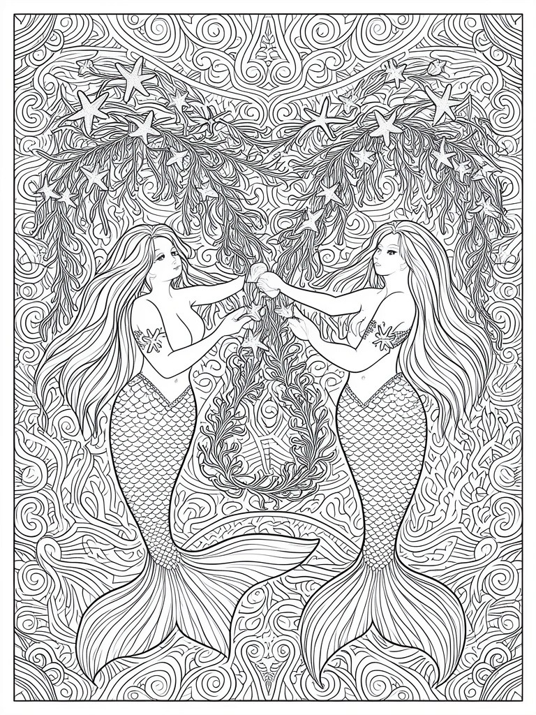 Two mermaids with long hair reaching amid starfish and swirling seaweed in line art.