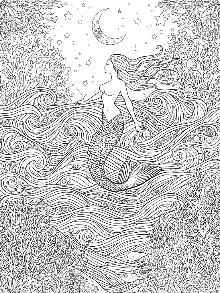Mermaid with flowing hair swims through swirling waves amid coral under moon and stars.