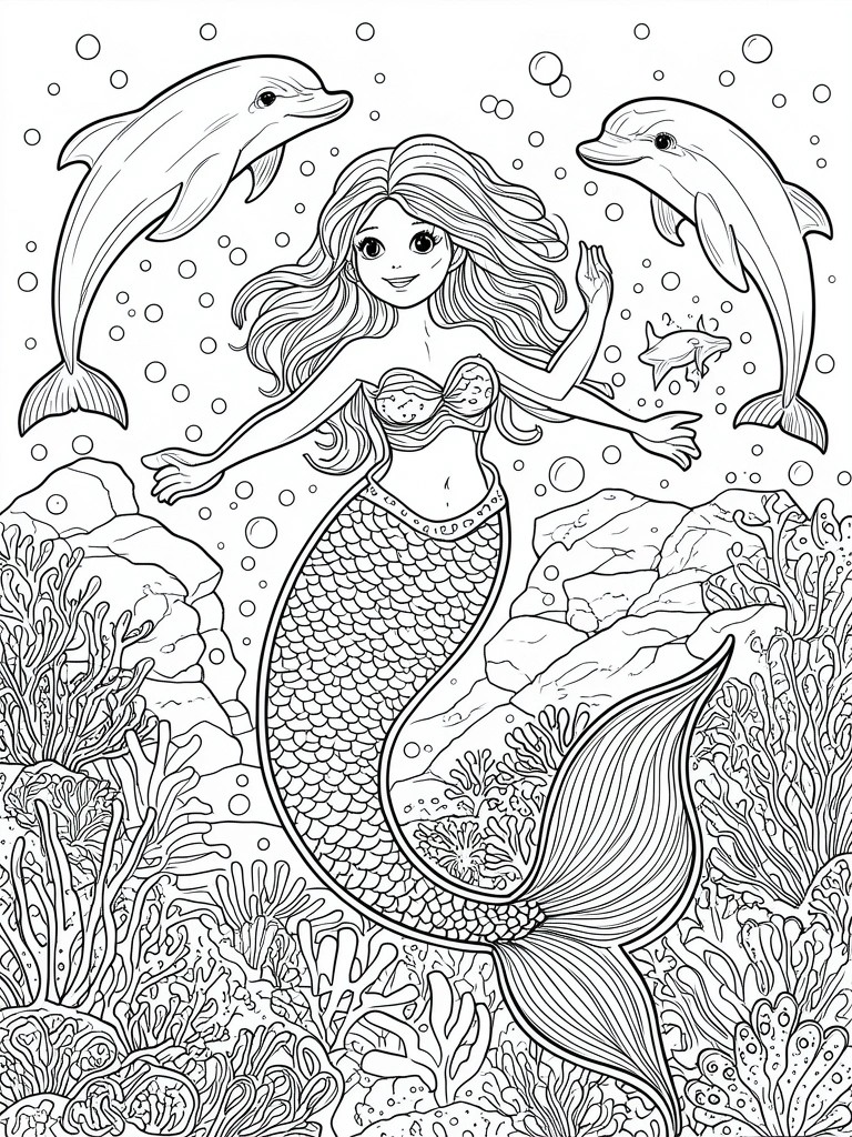 Line art of smiling mermaid waving between dolphins in bubbly coral reef scene