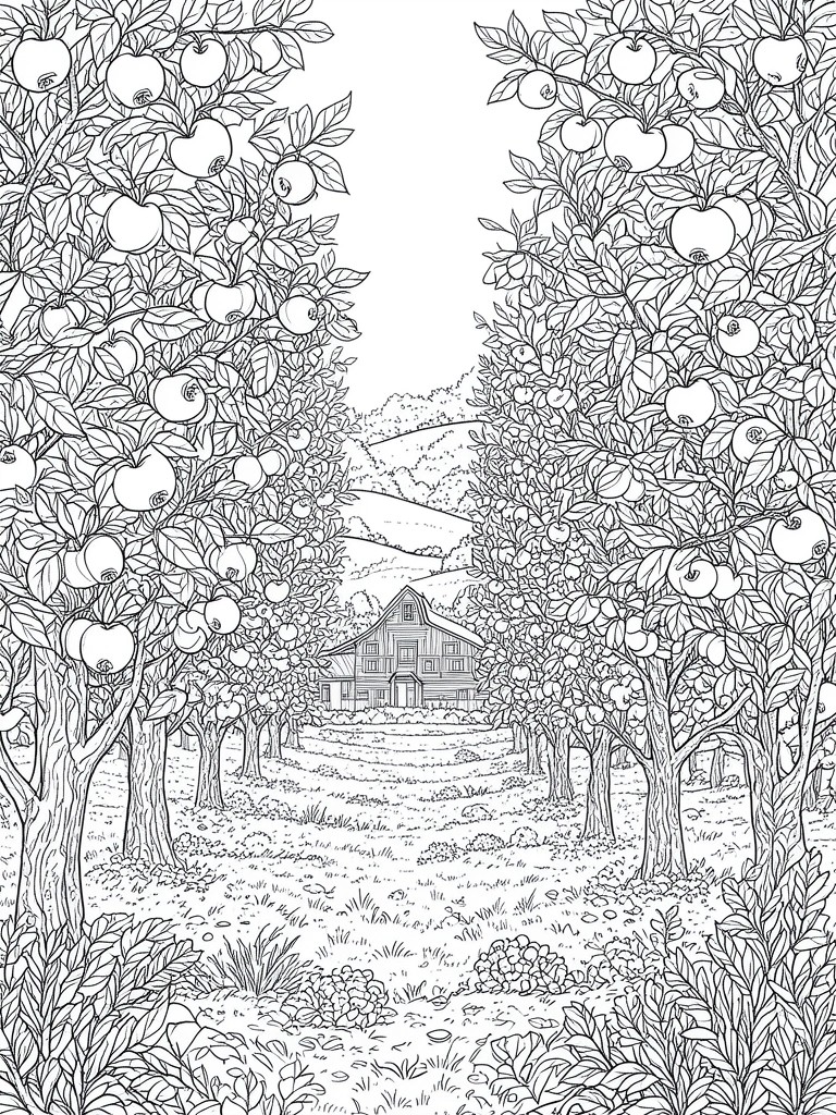 Black-and-white line art of apple orchard path leading to distant barn