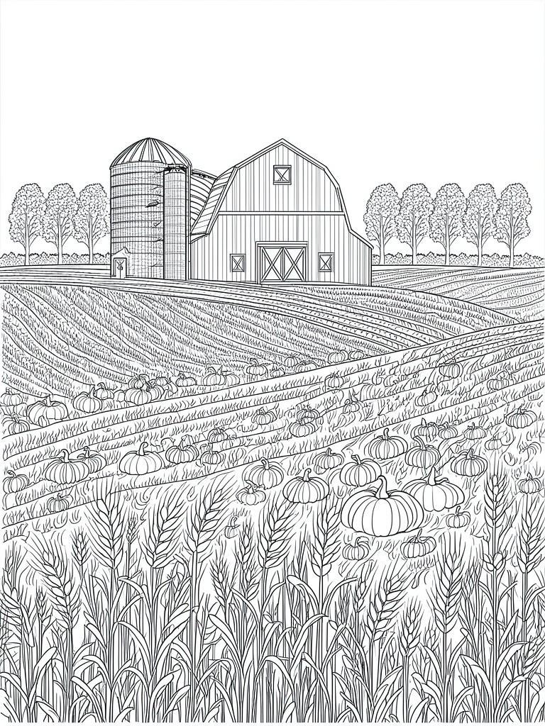 Black and white line art of barn, silo amid pumpkin fields, trees and wheat stalks