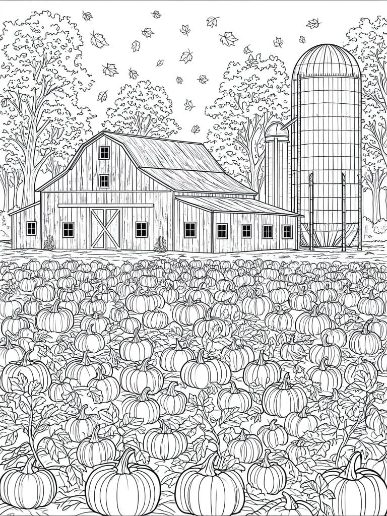 A black and white line drawing shows a barn with a silo, trees, falling leaves, and a large field of pumpkins in the foreground.