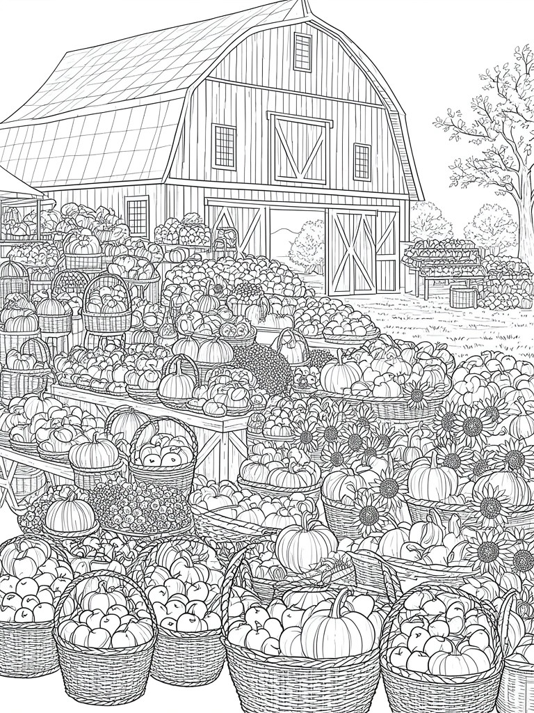 Black and white line art of barn with baskets of pumpkins, apples, and sunflowers.