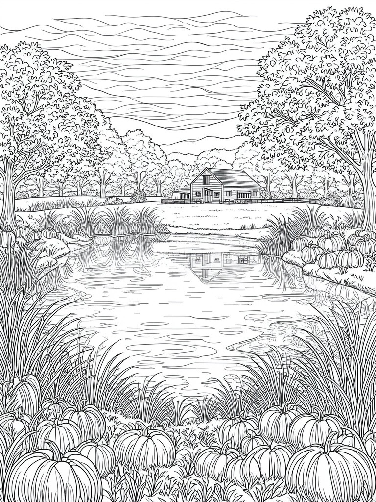Black and white line drawing of a barn by a pond surrounded by pumpkins and trees.