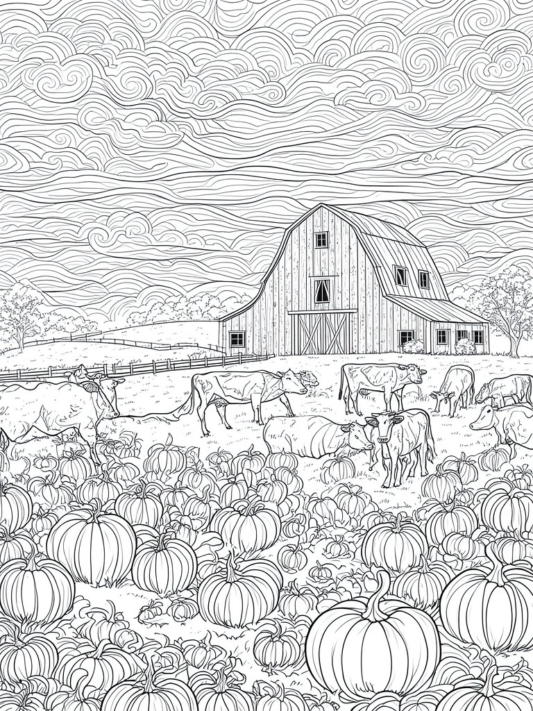 A black and white line drawing of a barn, cows, and a large pumpkin patch under a cloudy sky.