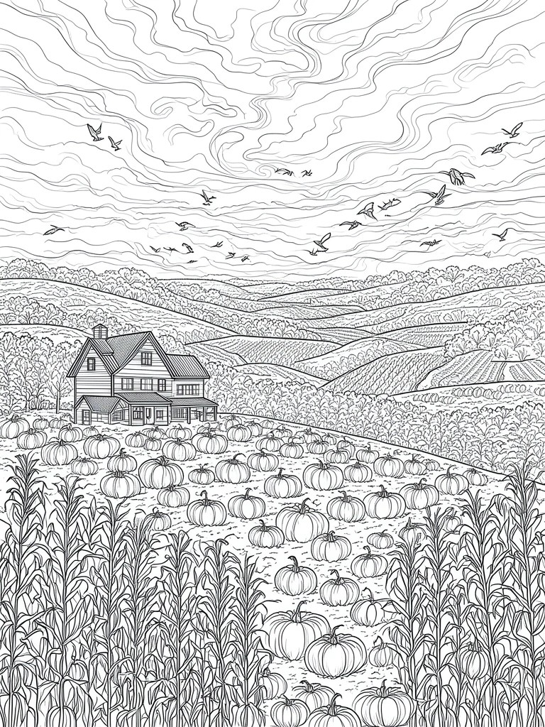 Black and white line drawing of a farmhouse surrounded by pumpkins with rolling hills, corn stalks, and birds overhead.
