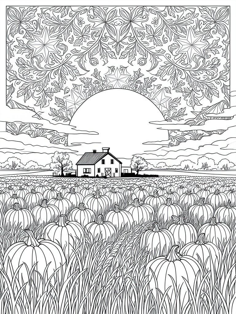Black-and-white line drawing of pumpkin field before farmhouse under large sun with clouds.