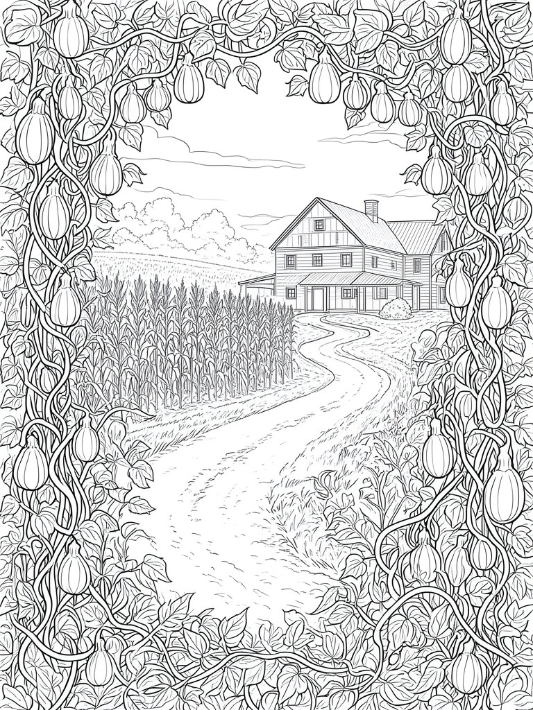 A black and white line drawing of a farmhouse with a winding path, cornfield, and a dense border of pumpkin vines.