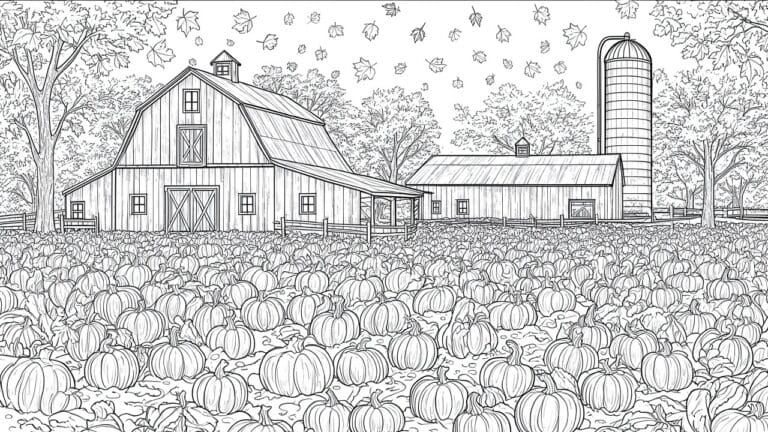 A black and white line drawing shows a barn with a silo, trees, falling leaves, and a large field of pumpkins in the foreground.