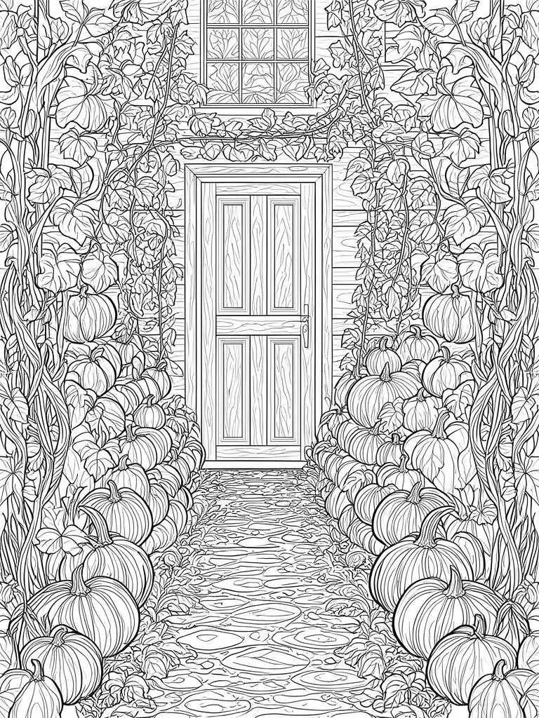 Line drawing of a door with pumpkins and vines lining a stone path to a house.