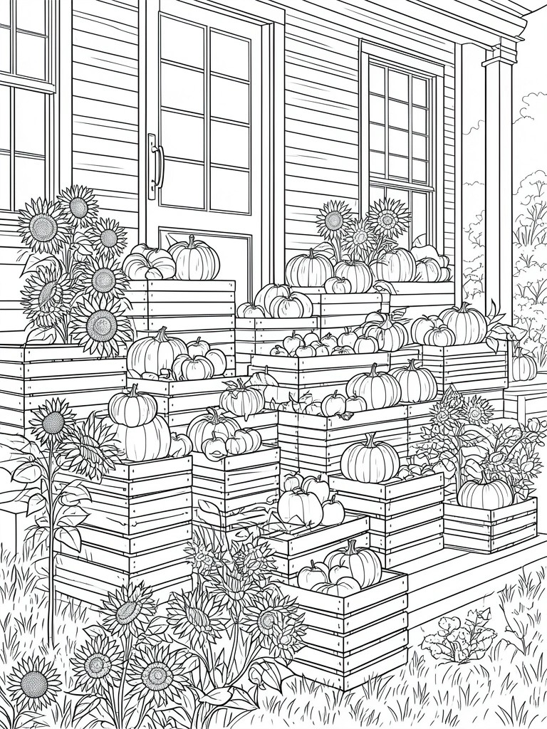Line art of house porch with stacked crates of pumpkins and sunflowers.
