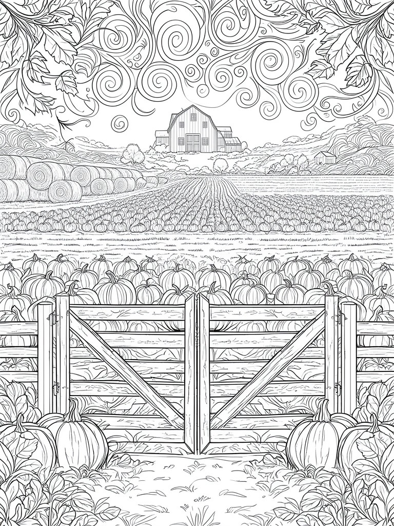 Black-and-white line art of pumpkin patch, open gate, barn, and swirling sky.